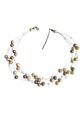 Floating Mixed Pearl Collar Necklace Triple Silver Wire Cream Tan White
